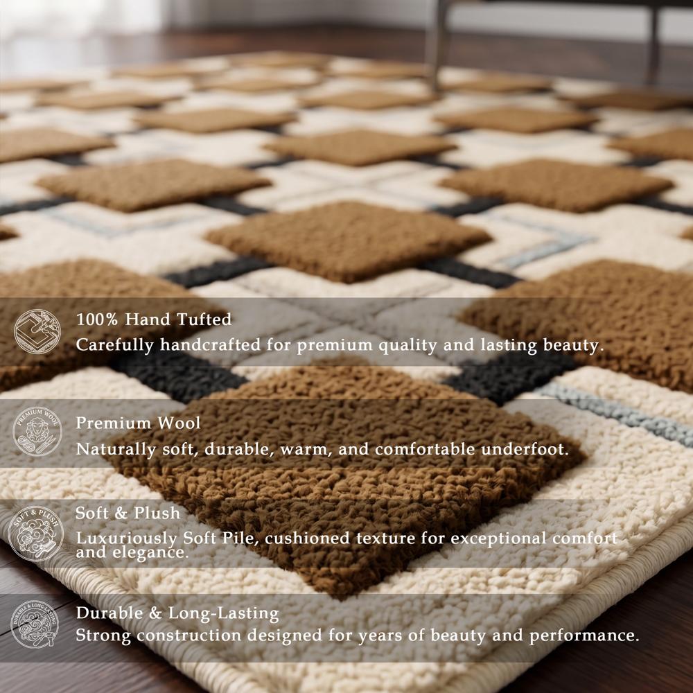 Handmade Modern Geometric Block Tufted Wool Area Rug - Camel & Cream
