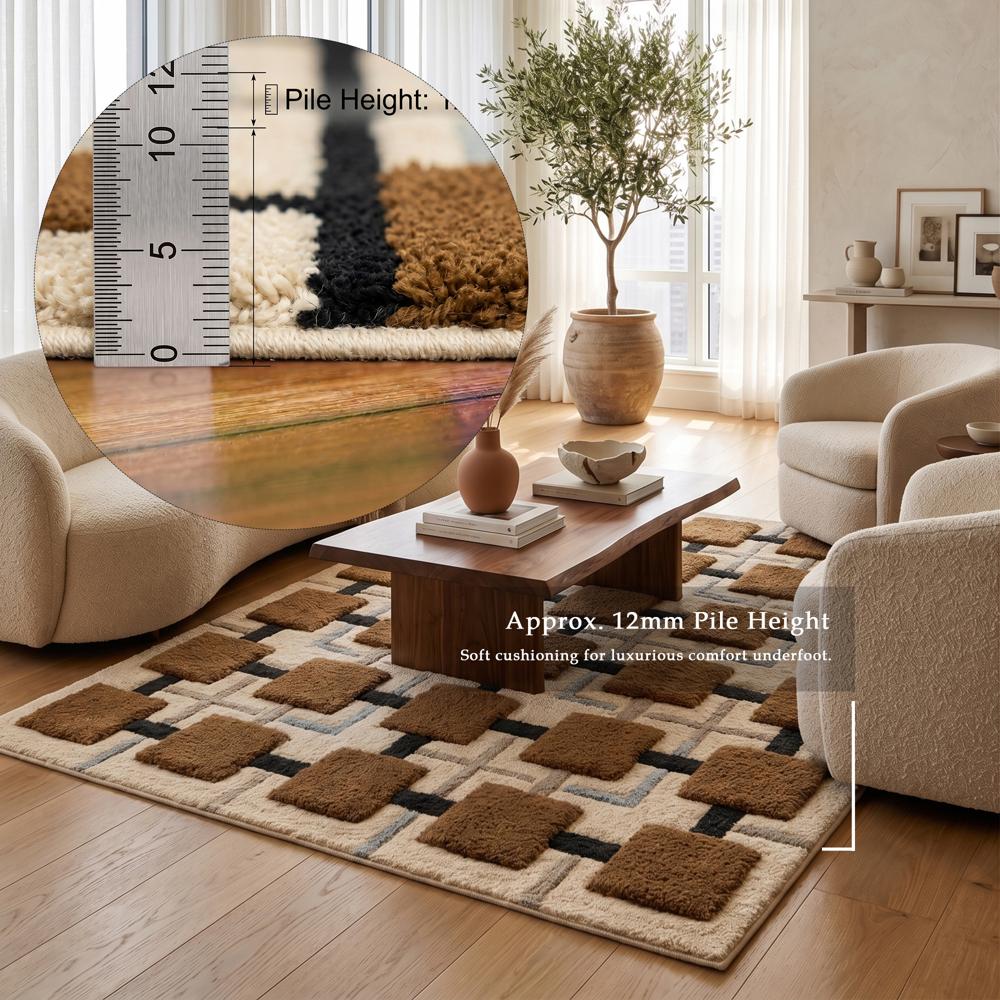Handmade Modern Geometric Block Tufted Wool Area Rug - Camel & Cream