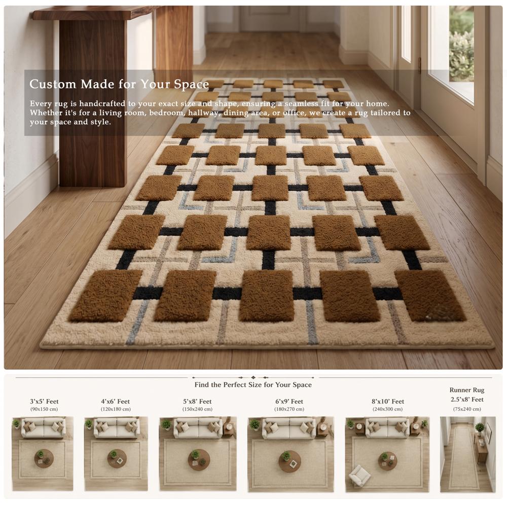 Handmade Modern Geometric Block Tufted Wool Area Rug - Camel & Cream
