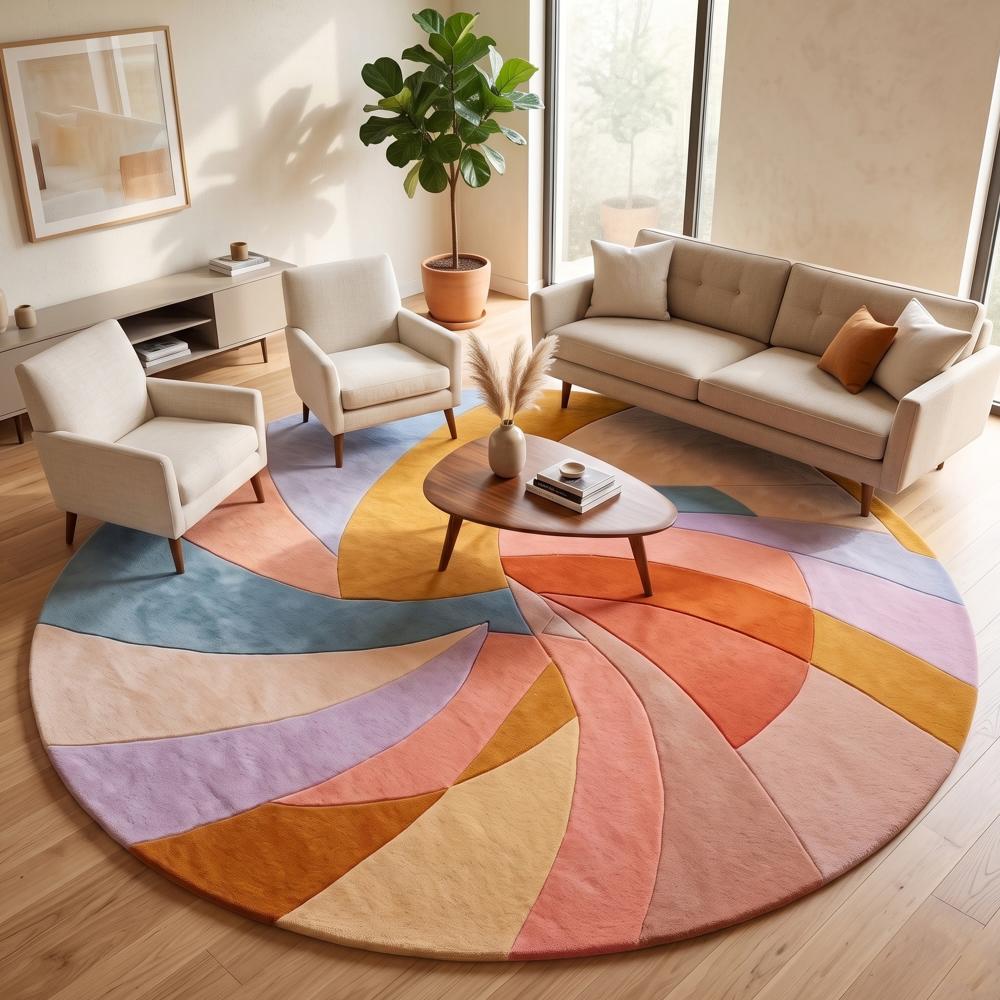 Handmade Modern Pastel Swirl Round Tufted Wool Area Rug