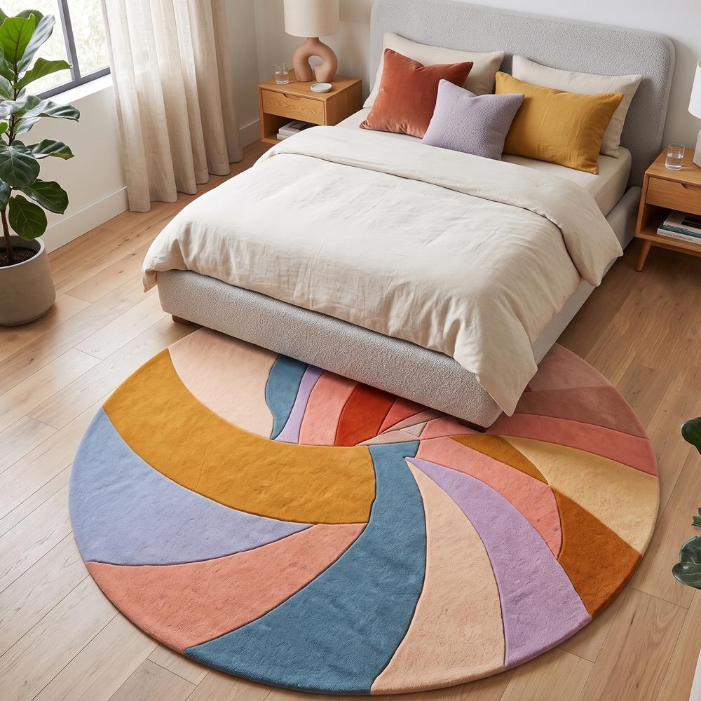 Handmade Modern Pastel Swirl Round Tufted Wool Area Rug