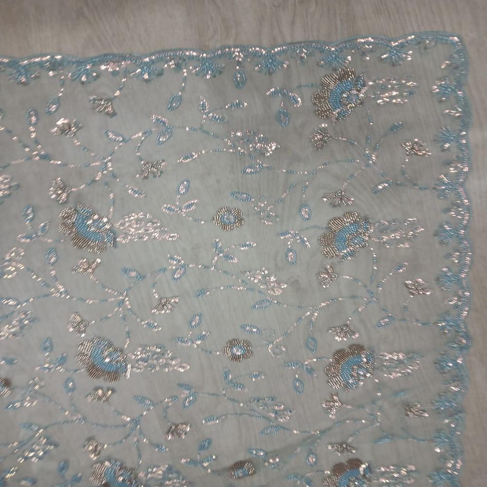 Elegant Sky Blue Embroidered Net Saree with Shimmering Floral Work