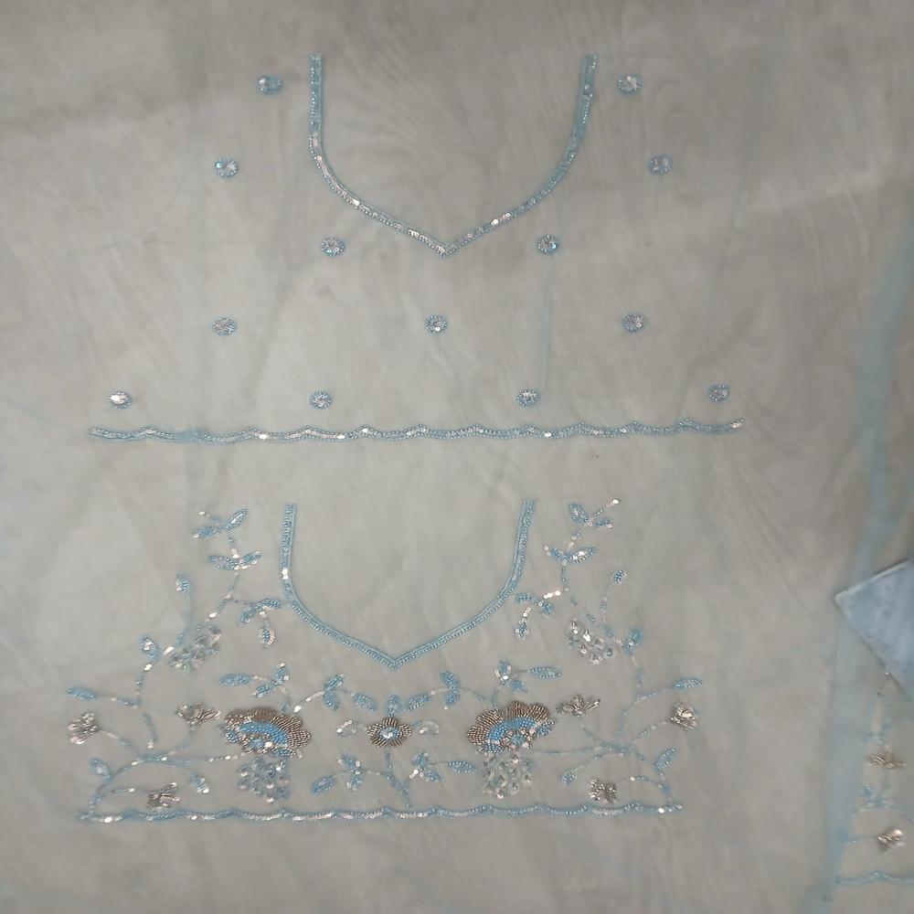 Elegant Sky Blue Embroidered Net Saree with Shimmering Floral Work