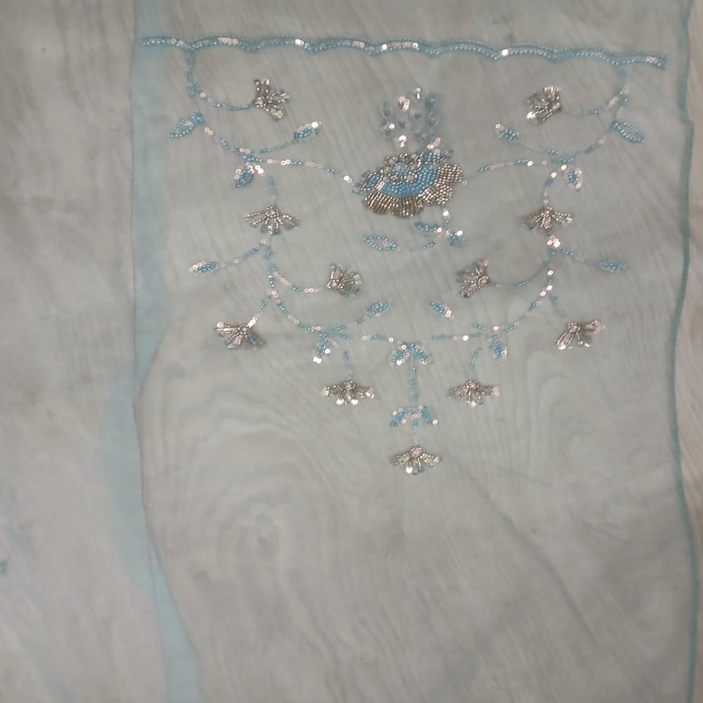 Elegant Sky Blue Embroidered Net Saree with Shimmering Floral Work