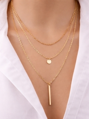 Gold Tone Multi-Layer Bar Pendant Necklace - Gender: Women
