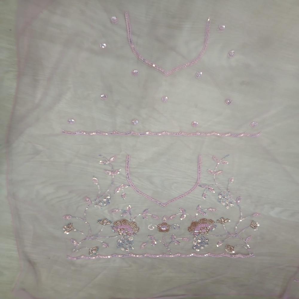 Elegant Blush Pink Embroidered Net Saree With Shimmering Floral Work - Color: Blue