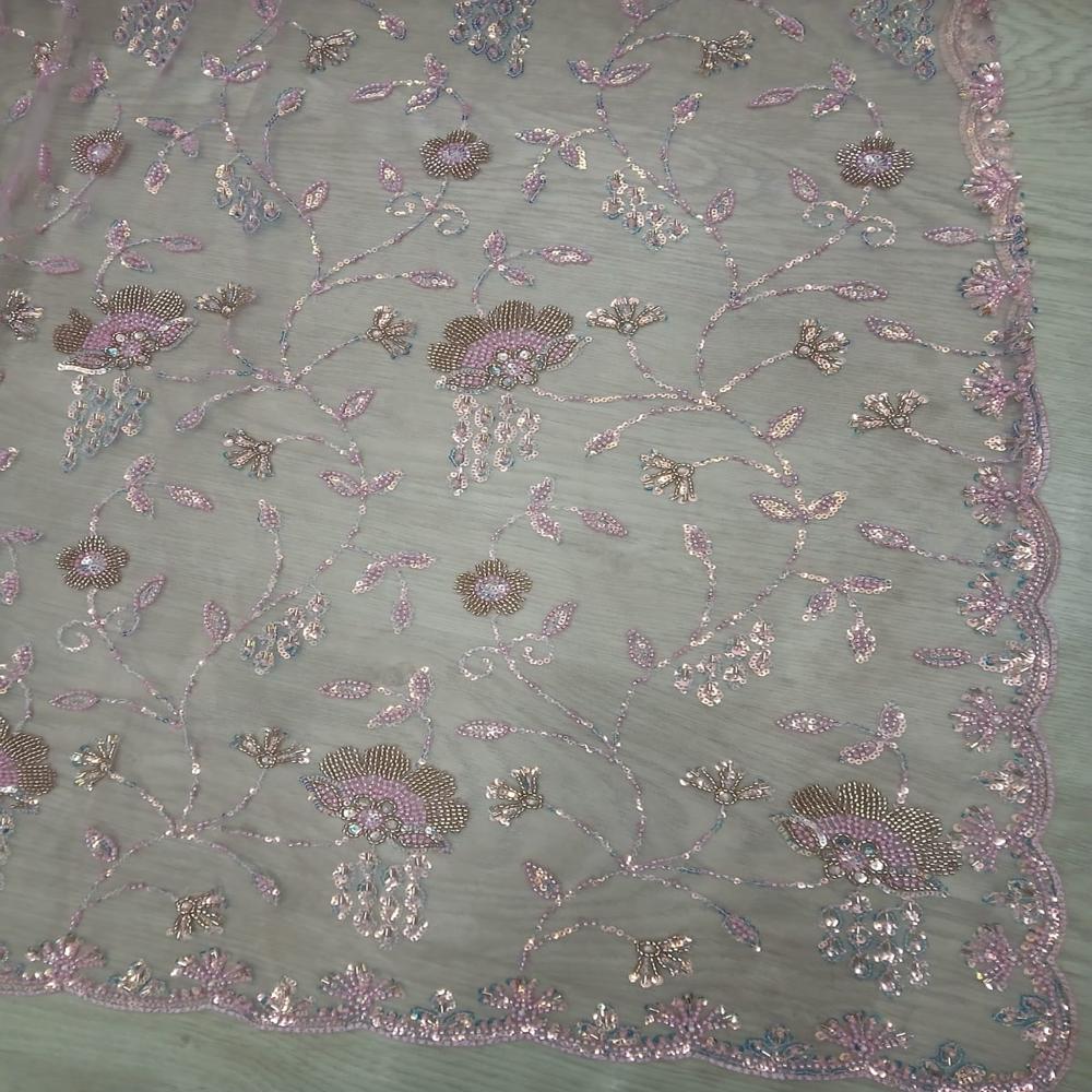 Elegant Blush Pink Embroidered Net Saree with Shimmering Floral Work