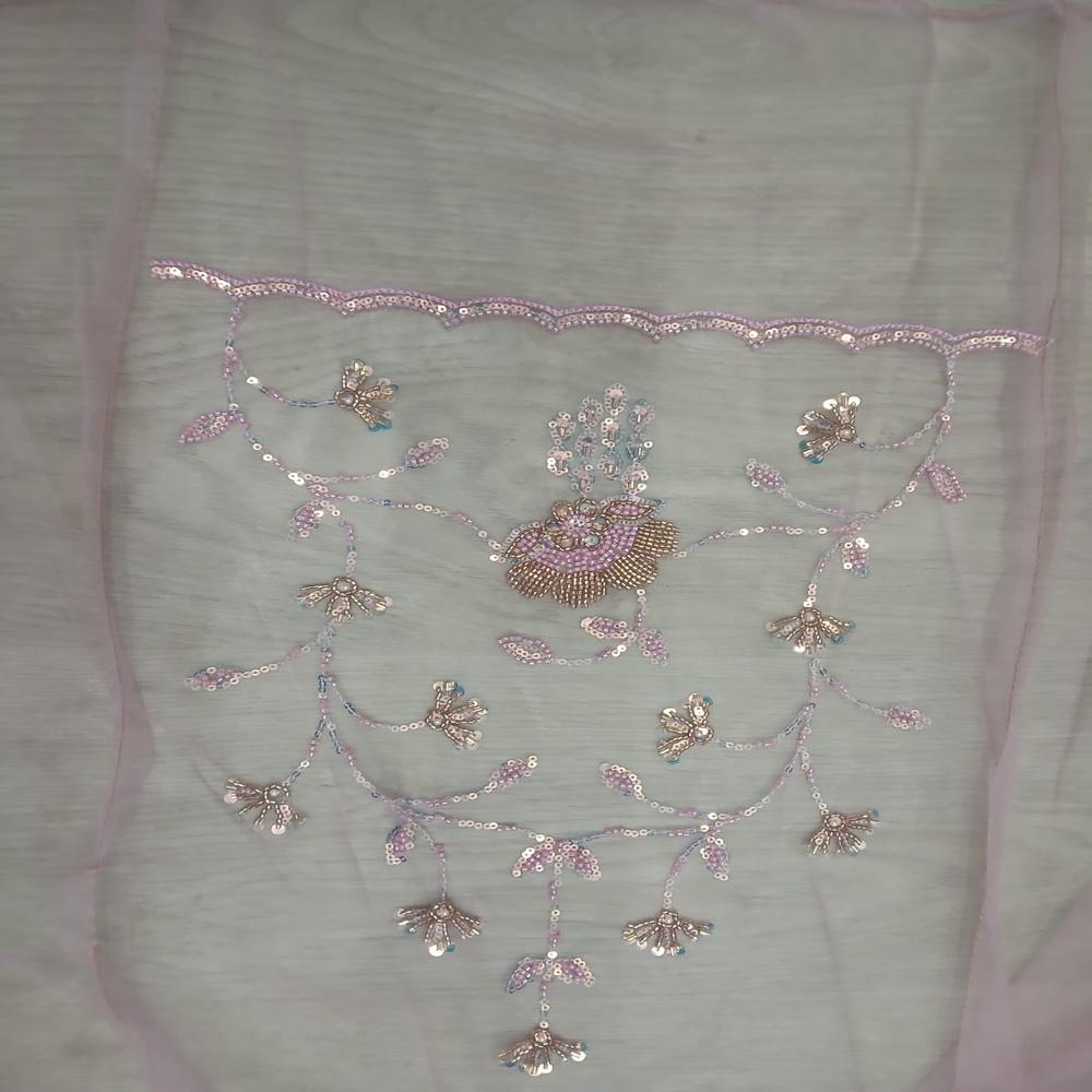 Elegant Blush Pink Embroidered Net Saree with Shimmering Floral Work