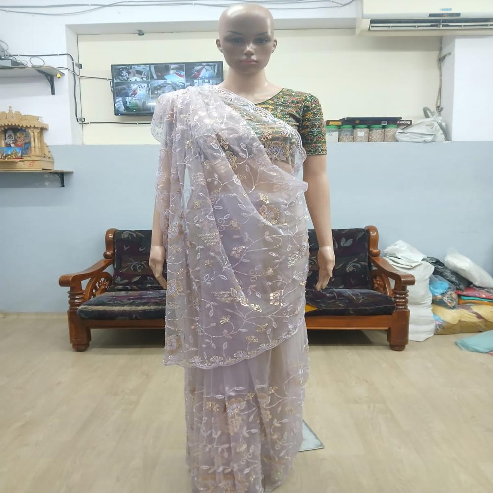 Elegant Lavender Grey Embroidered Net Saree with Floral Sequin Work