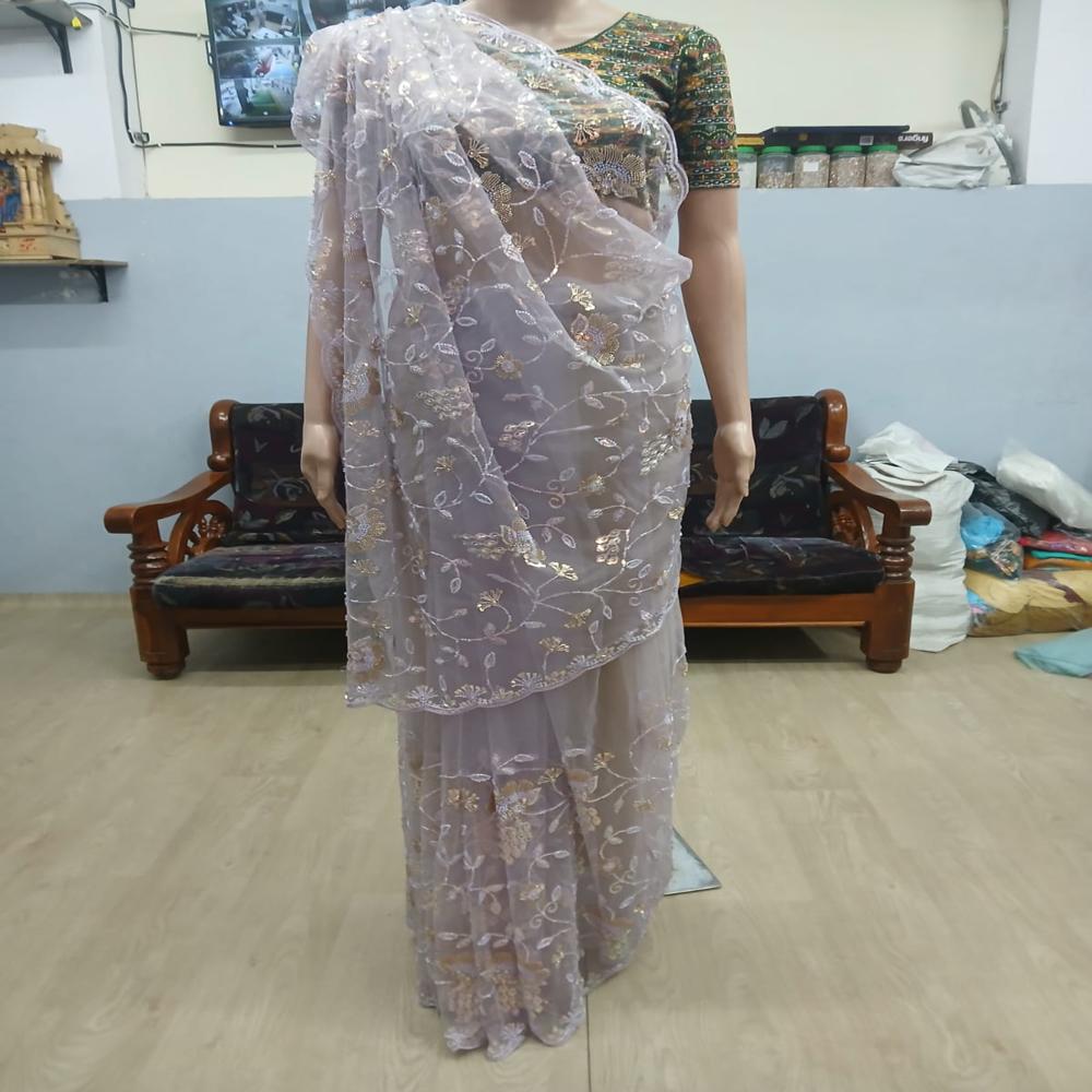 Elegant Lavender Grey Embroidered Net Saree with Floral Sequin Work