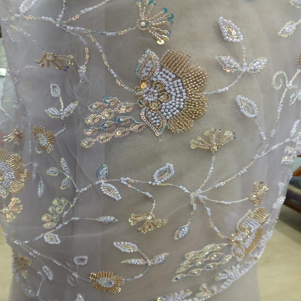 Elegant Lavender Grey Embroidered Net Saree with Floral Sequin Work