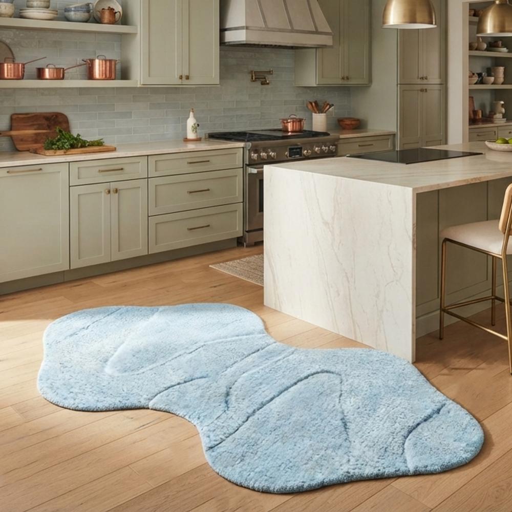 Handmade Modern Irregular Curved Organic Shape Tufted Wool Rug - Soft Light Blue