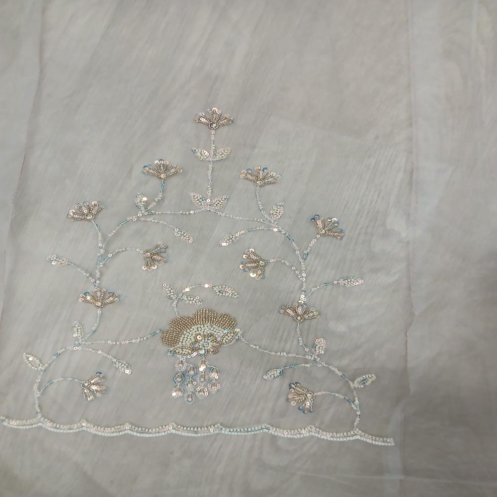 Elegant Ivory Cream Embroidered Net Saree With Golden Floral Work - Color: White