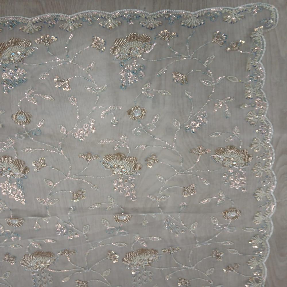 Elegant Ivory Cream Embroidered Net Saree with Golden Floral Work