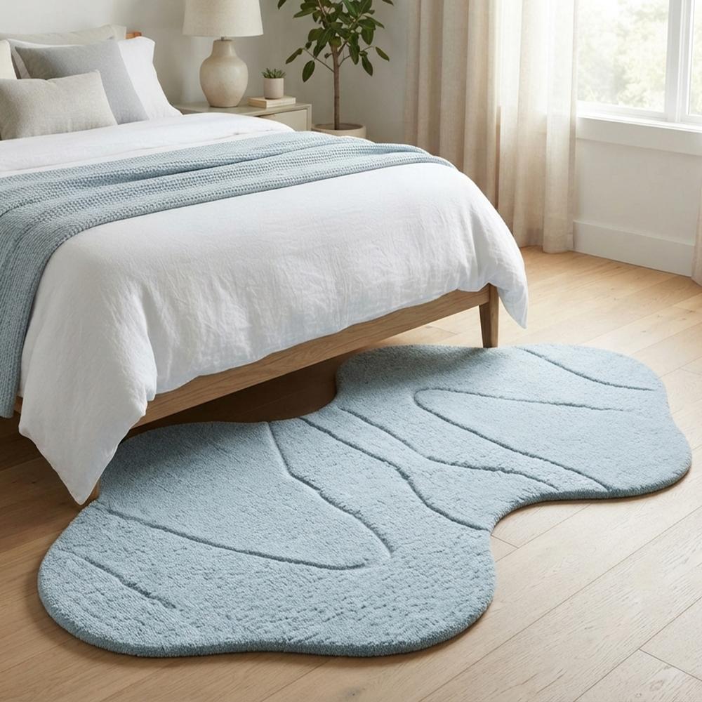Handmade Modern Irregular Curved Organic Shape Tufted Wool Rug - Soft Light Blue
