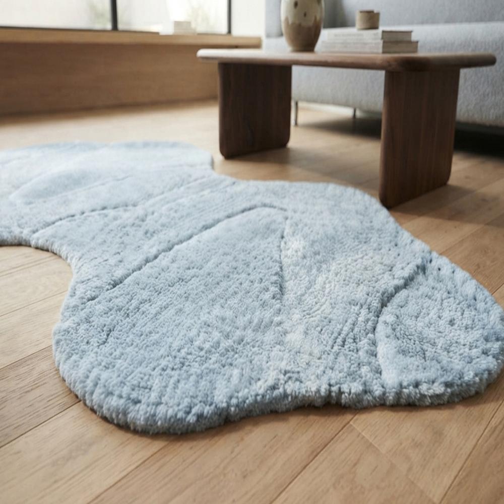 Handmade Modern Irregular Curved Organic Shape Tufted Wool Rug - Soft Light Blue