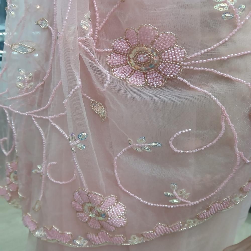 Elegant Dusty Pink Embroidered Net Saree With Floral Sequin Work - Design: Leaf