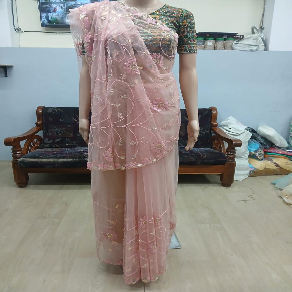 Elegant Dusty Pink Embroidered Net Saree with Floral Sequin Work