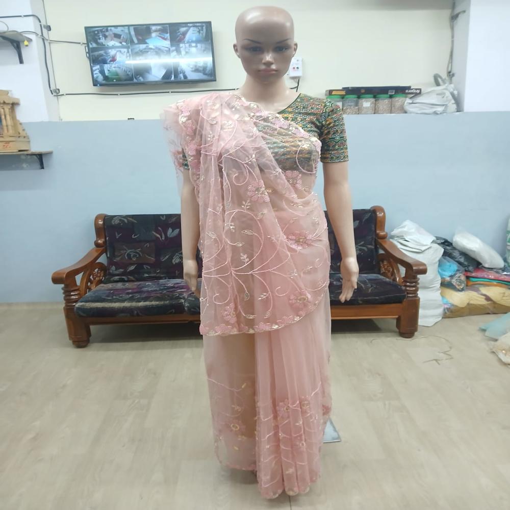 Elegant Dusty Pink Embroidered Net Saree with Floral Sequin Work