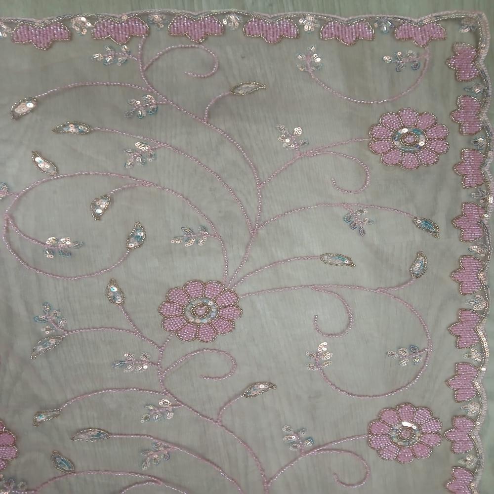 Elegant Dusty Pink Embroidered Net Saree with Floral Sequin Work