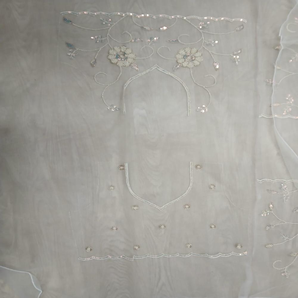 Elegant Ivory Cream Embroidered Net Saree With Floral Sequin Work - Color: White