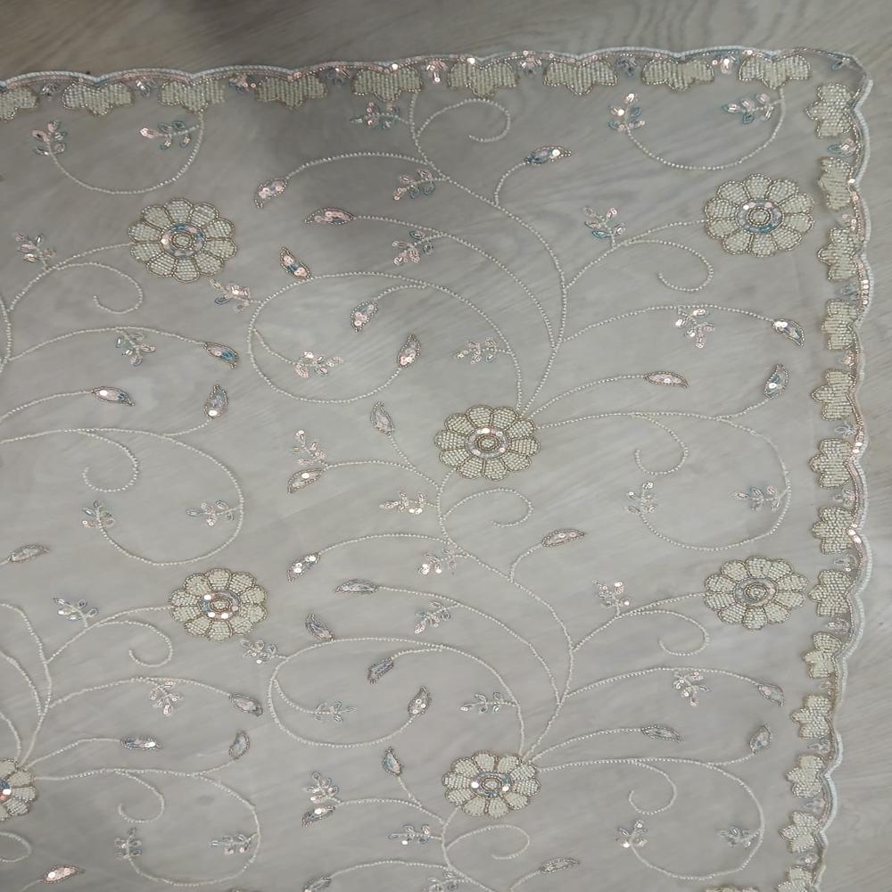Elegant Ivory Cream Embroidered Net Saree with Floral Sequin Work
