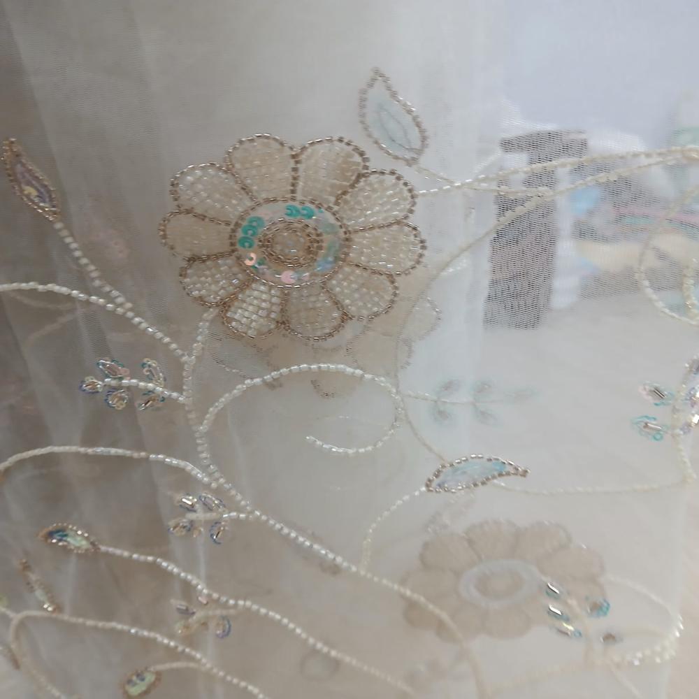 Elegant Ivory Cream Embroidered Net Saree with Floral Sequin Work