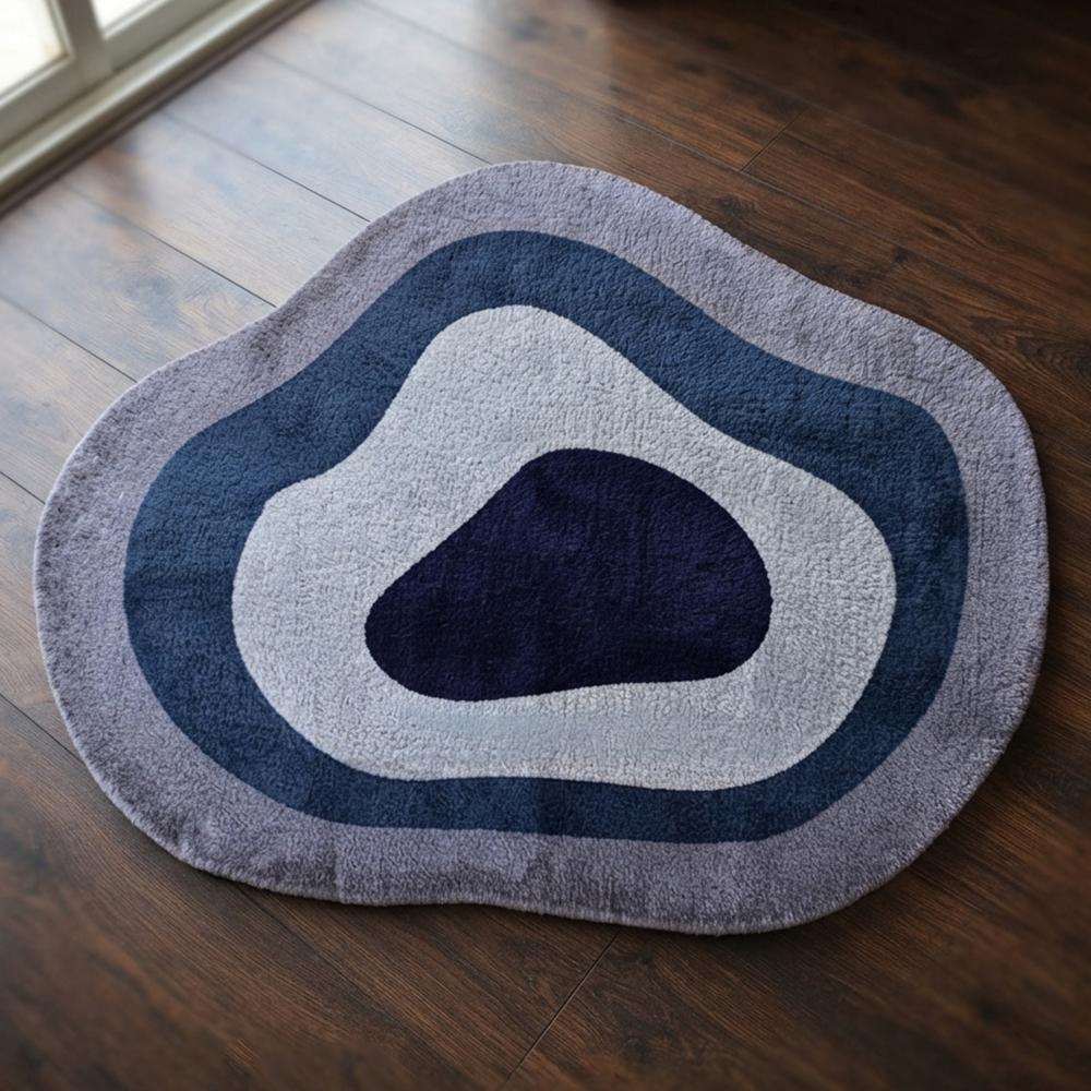 Handmade Modern Organic Pebble Shape Tufted Wool Rug - Navy & Grey Tones