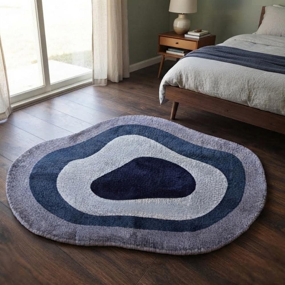 Handmade Modern Organic Pebble Shape Tufted Wool Rug - Navy & Grey Tones