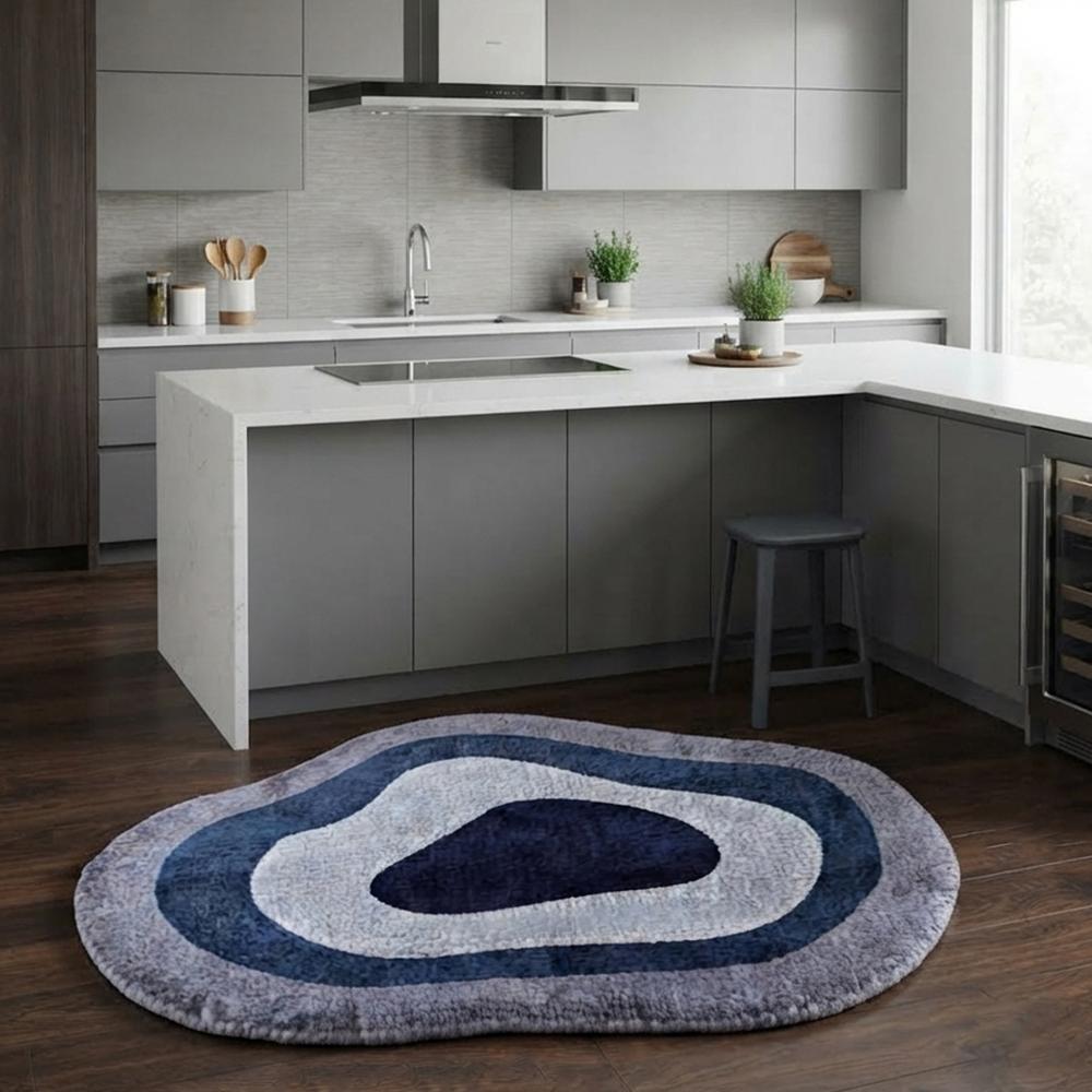 Handmade Modern Organic Pebble Shape Tufted Wool Rug - Navy & Grey Tones