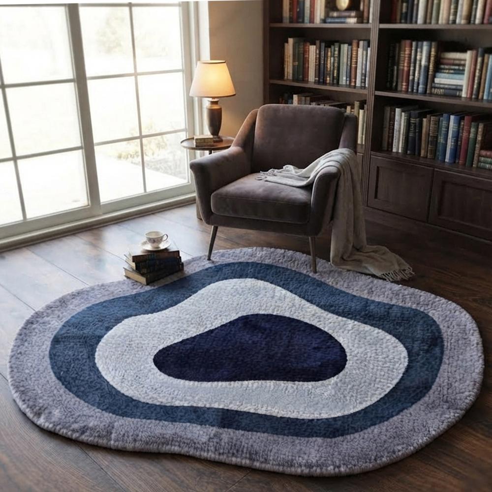 Handmade Modern Organic Pebble Shape Tufted Wool Rug - Navy & Grey Tones