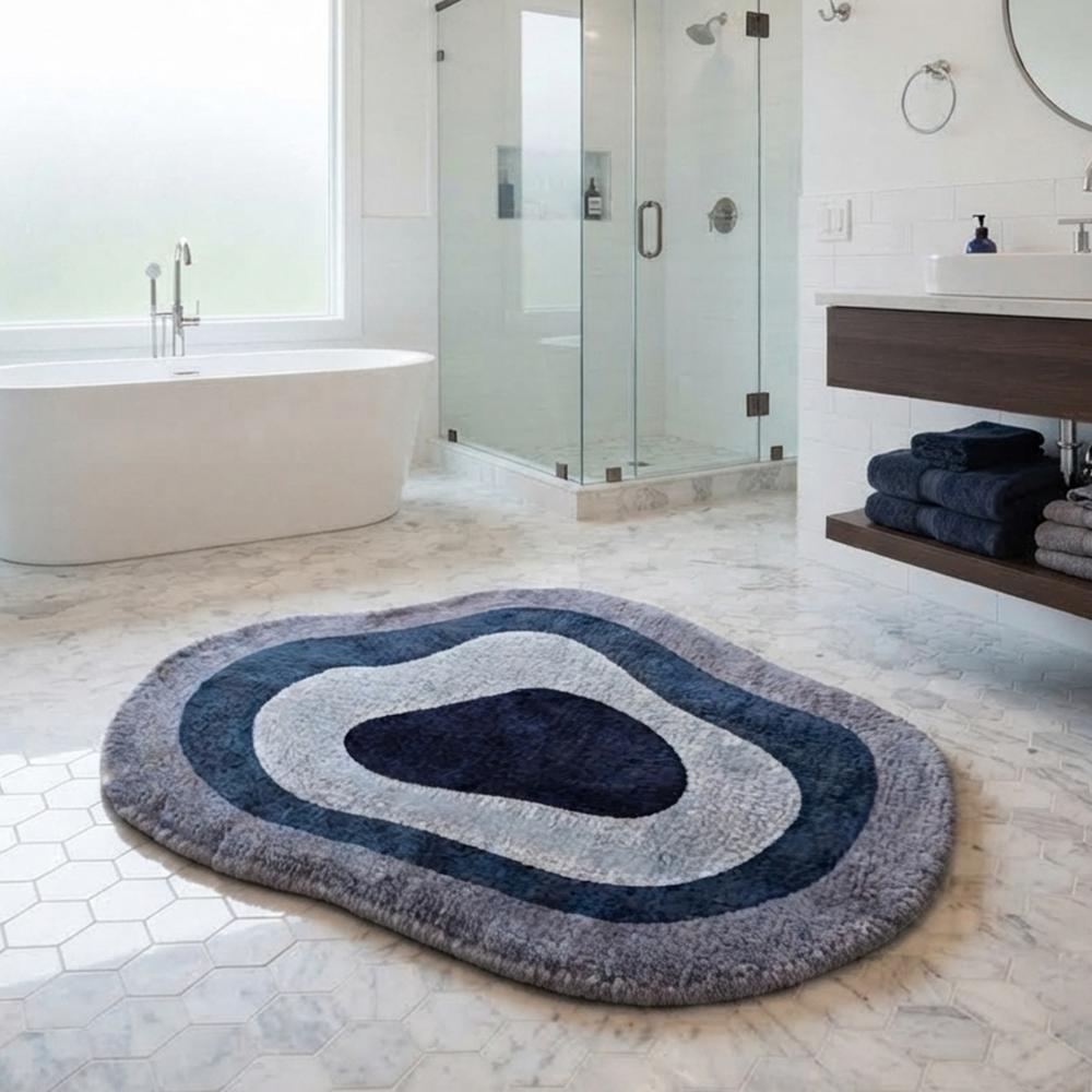Handmade Modern Organic Pebble Shape Tufted Wool Rug - Navy & Grey Tones