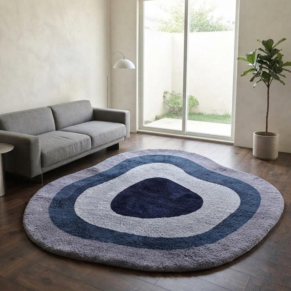 Handmade Modern Organic Pebble Shape Tufted Wool Rug - Navy & Grey Tones