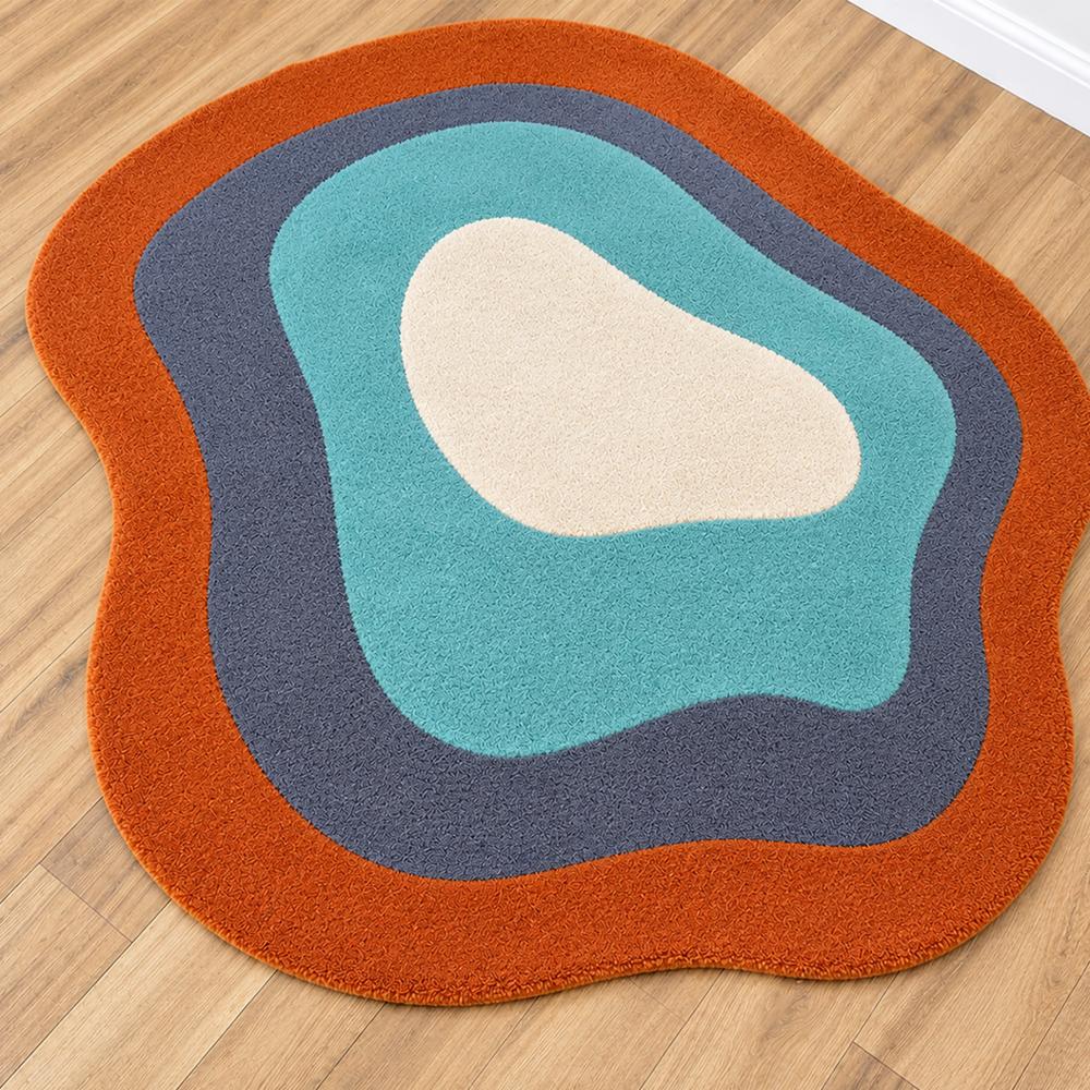 Handmade Modern Organic Pebble Shape Tufted Wool Rug - Burnt Orange & Teal - Backing Material: Canvas Latex
