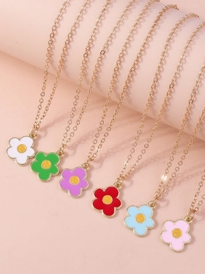 Gold Tone Colorful Smiley Flower Pendant Necklace - Color: Red Pink Green Pink Blue