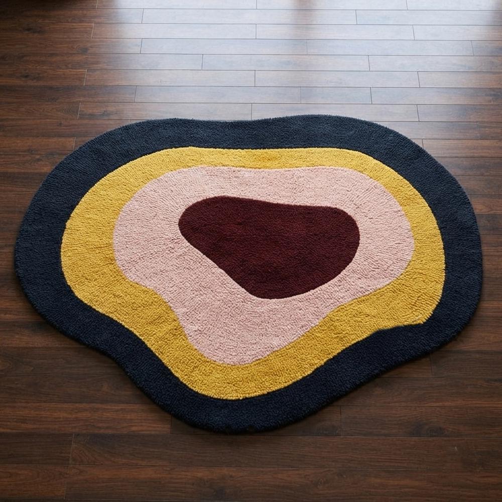 Handmade Modern Organic Pebble Shape Tufted Wool Rug - Mustard, Pink & Navy - Backing Material: Canvas Latex