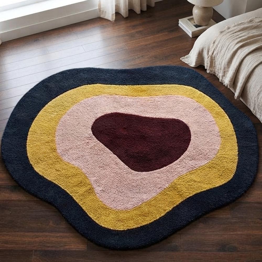 Handmade Modern Organic Pebble Shape Tufted Wool Rug - Mustard, Pink & Navy