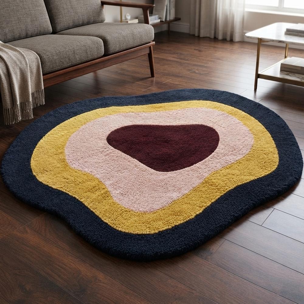Handmade Modern Organic Pebble Shape Tufted Wool Rug - Mustard, Pink & Navy