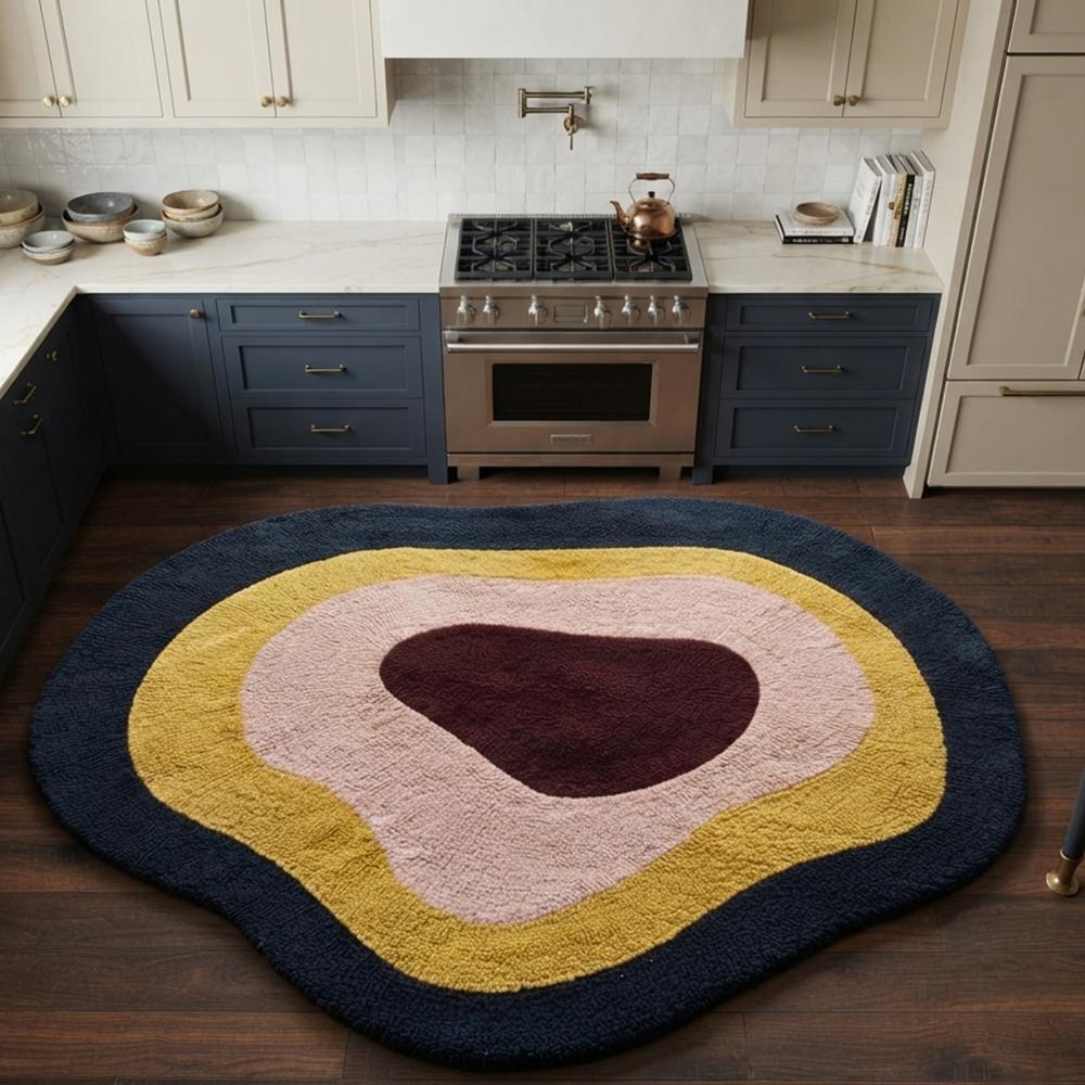 Handmade Modern Organic Pebble Shape Tufted Wool Rug - Mustard, Pink & Navy