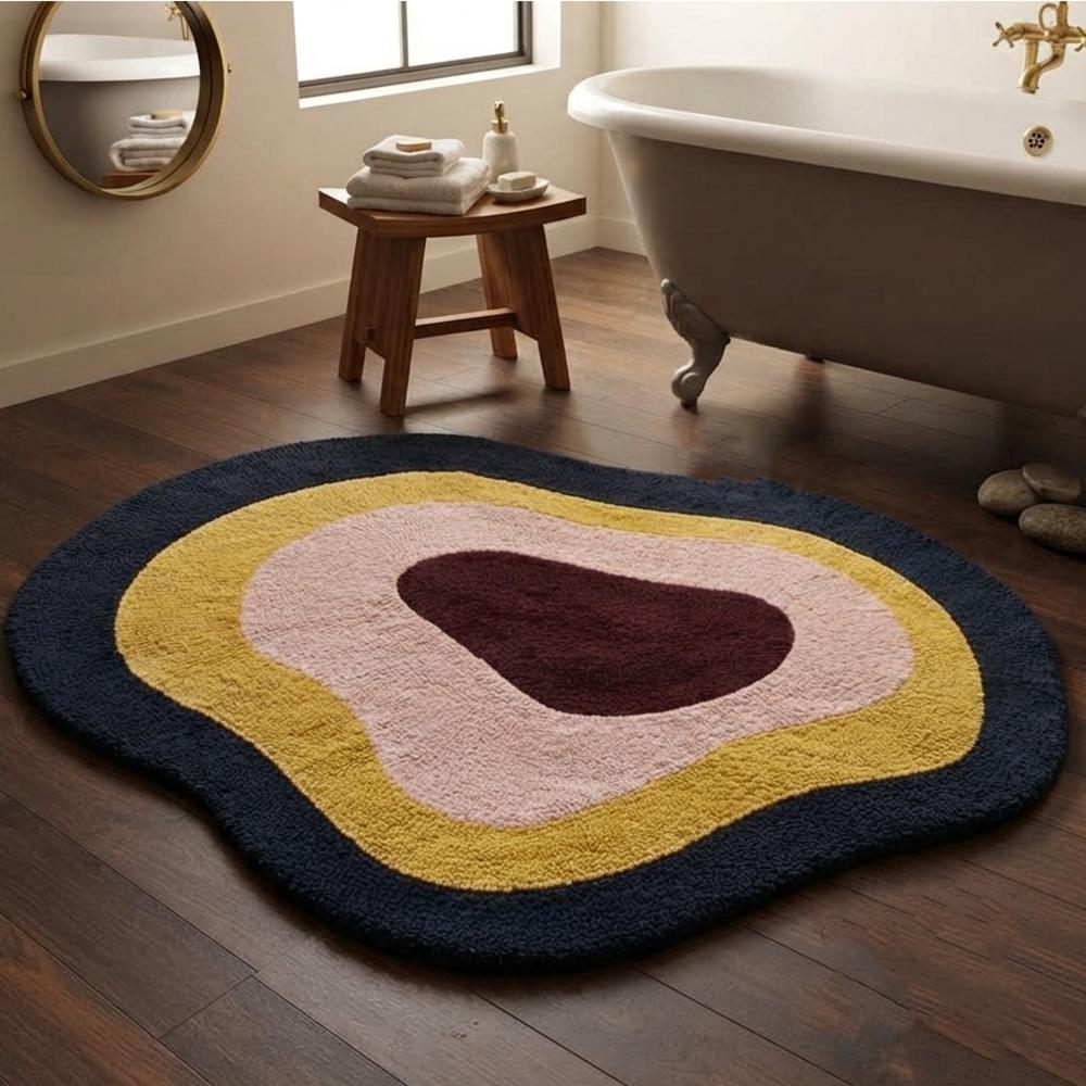 Handmade Modern Organic Pebble Shape Tufted Wool Rug - Mustard, Pink & Navy