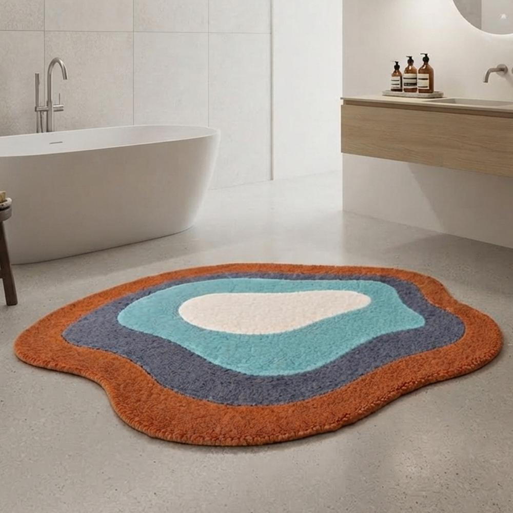 Handmade Modern Organic Pebble Shape Tufted Wool Rug - Burnt Orange & Teal