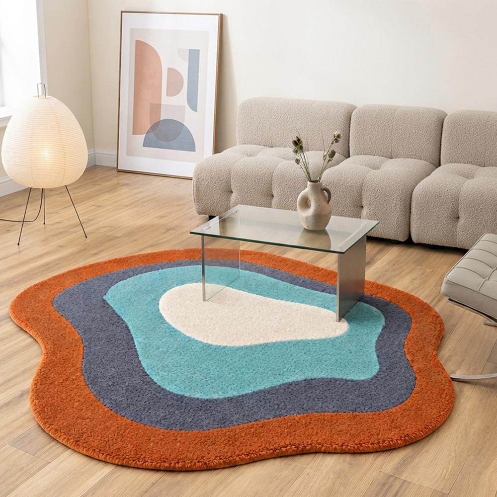 Handmade Modern Organic Pebble Shape Tufted Wool Rug - Burnt Orange & Teal