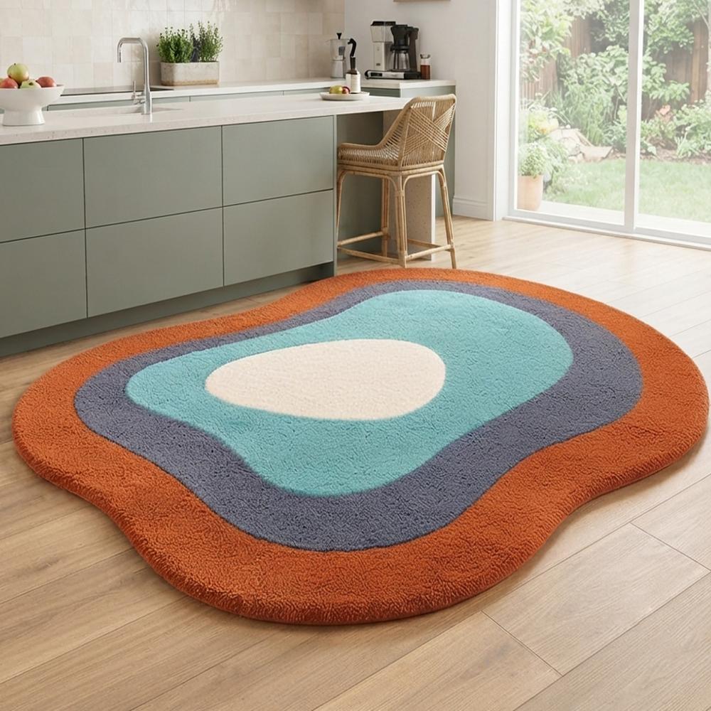 Handmade Modern Organic Pebble Shape Tufted Wool Rug - Burnt Orange & Teal