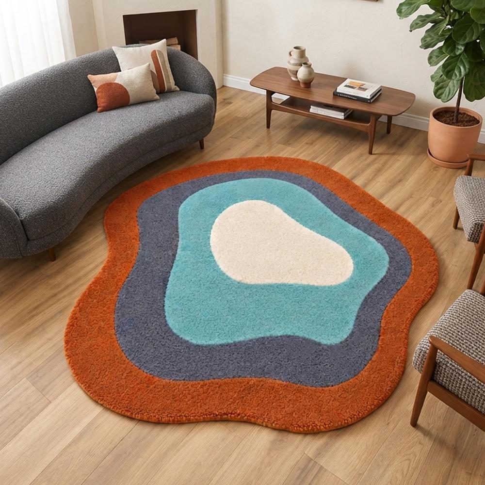 Handmade Modern Organic Pebble Shape Tufted Wool Rug - Burnt Orange & Teal