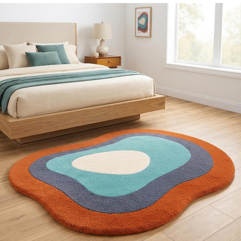 Handmade Modern Organic Pebble Shape Tufted Wool Rug - Burnt Orange & Teal