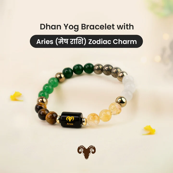 Dhan Yog Bracelet With Aries Zodiac Charm - Stone Type: Mix