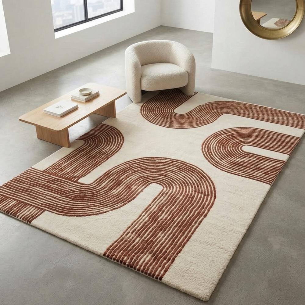Handmade Modern Abstract Arch Line Pattern Tufted Wool Rug - Terracotta & Cream
