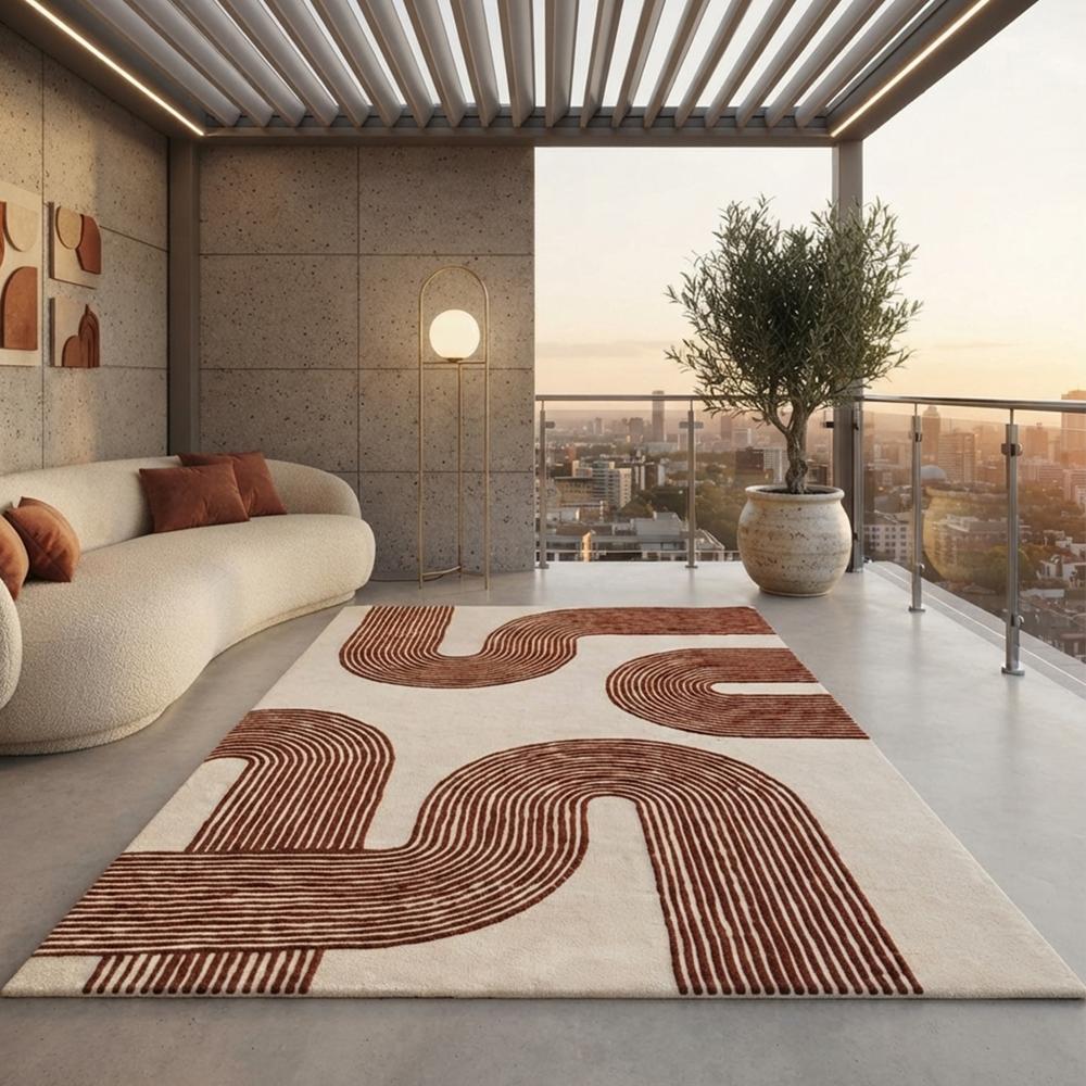 Handmade Modern Abstract Arch Line Pattern Tufted Wool Rug - Terracotta & Cream