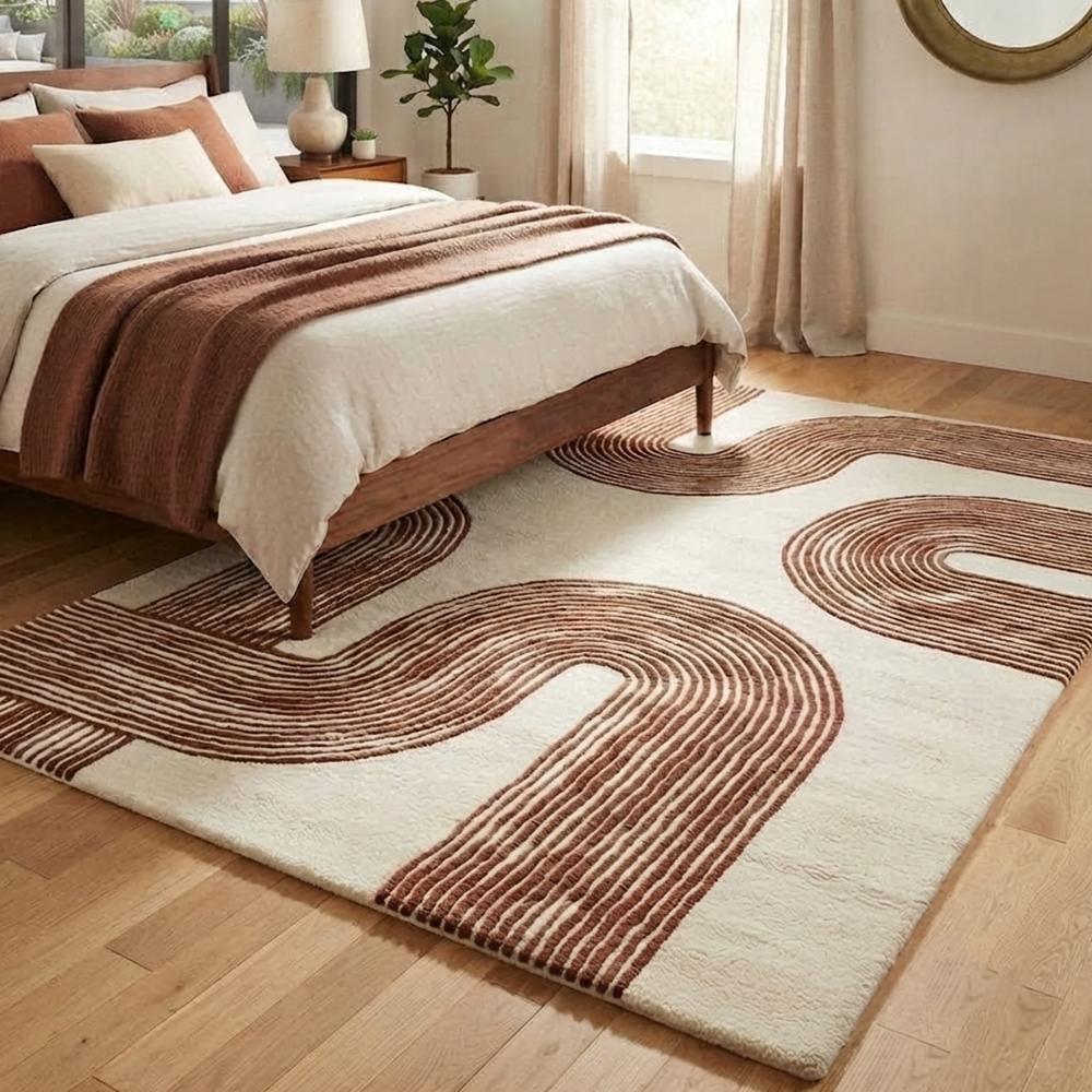 Handmade Modern Abstract Arch Line Pattern Tufted Wool Rug - Terracotta & Cream
