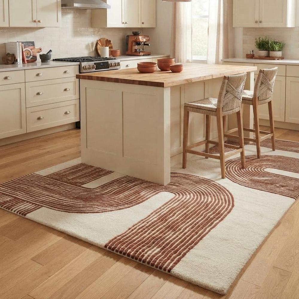 Handmade Modern Abstract Arch Line Pattern Tufted Wool Rug - Terracotta & Cream